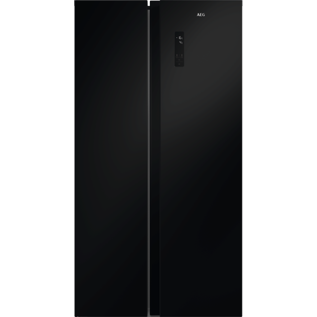 Un frigorífico side-by-side AEG negro con pantalla digital en la puerta derecha.