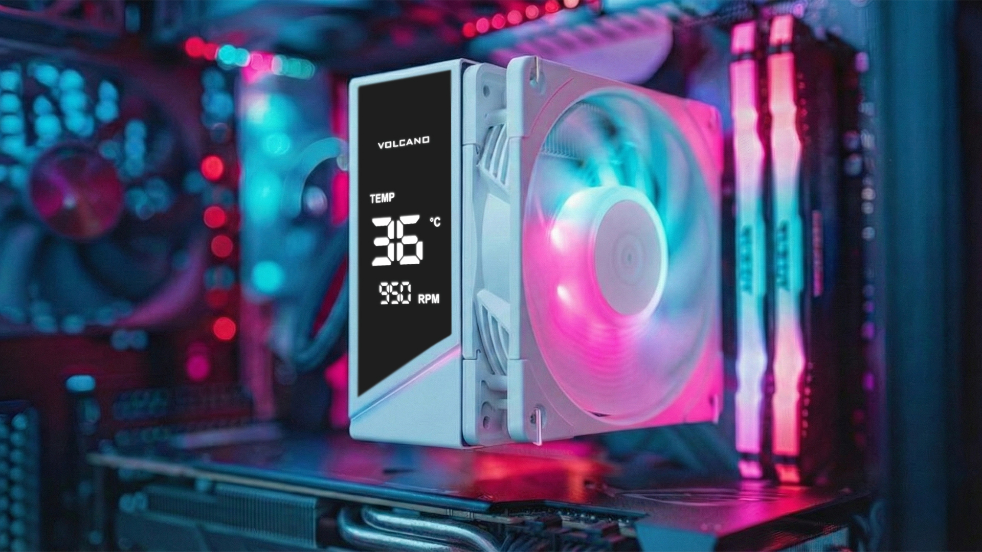 Biały wentylator PC z cyfrowym wyświetlaczem (36°C, 950 RPM), podświetlony różowymi i niebieskimi diodami.