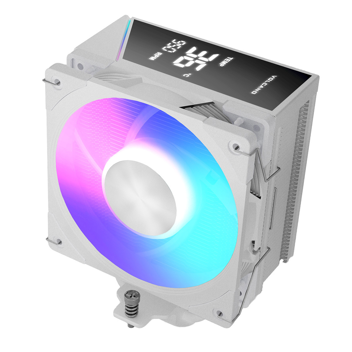Biała chłodnica CPU z wentylatorem RGB i cyfrowym wyświetlaczem RPM/temperatury.