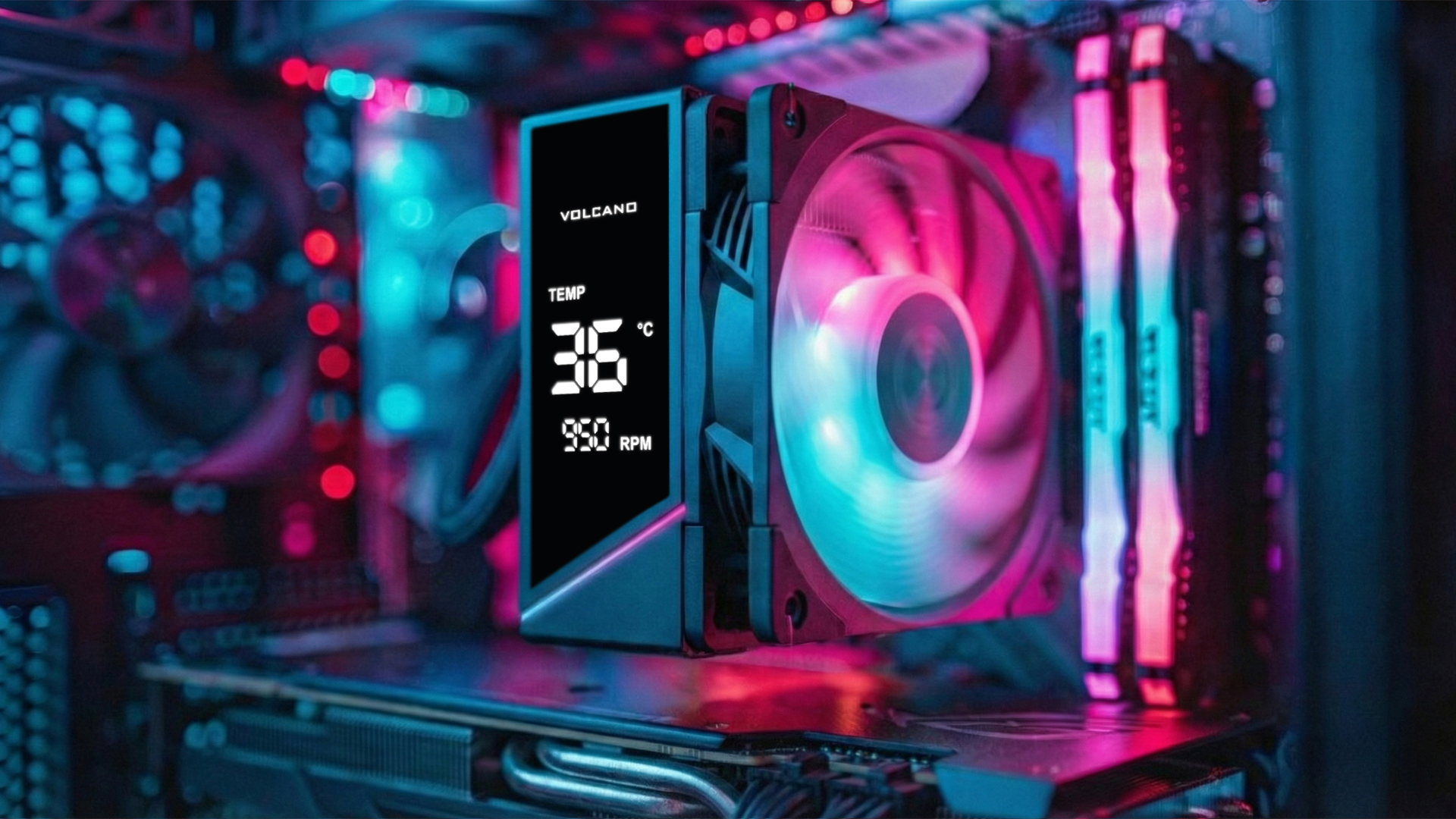 Wentylator komputerowy z cyfrowym wyświetlaczem (36 C, 990 RPM), oświetlony różowymi i niebieskimi diodami LED.