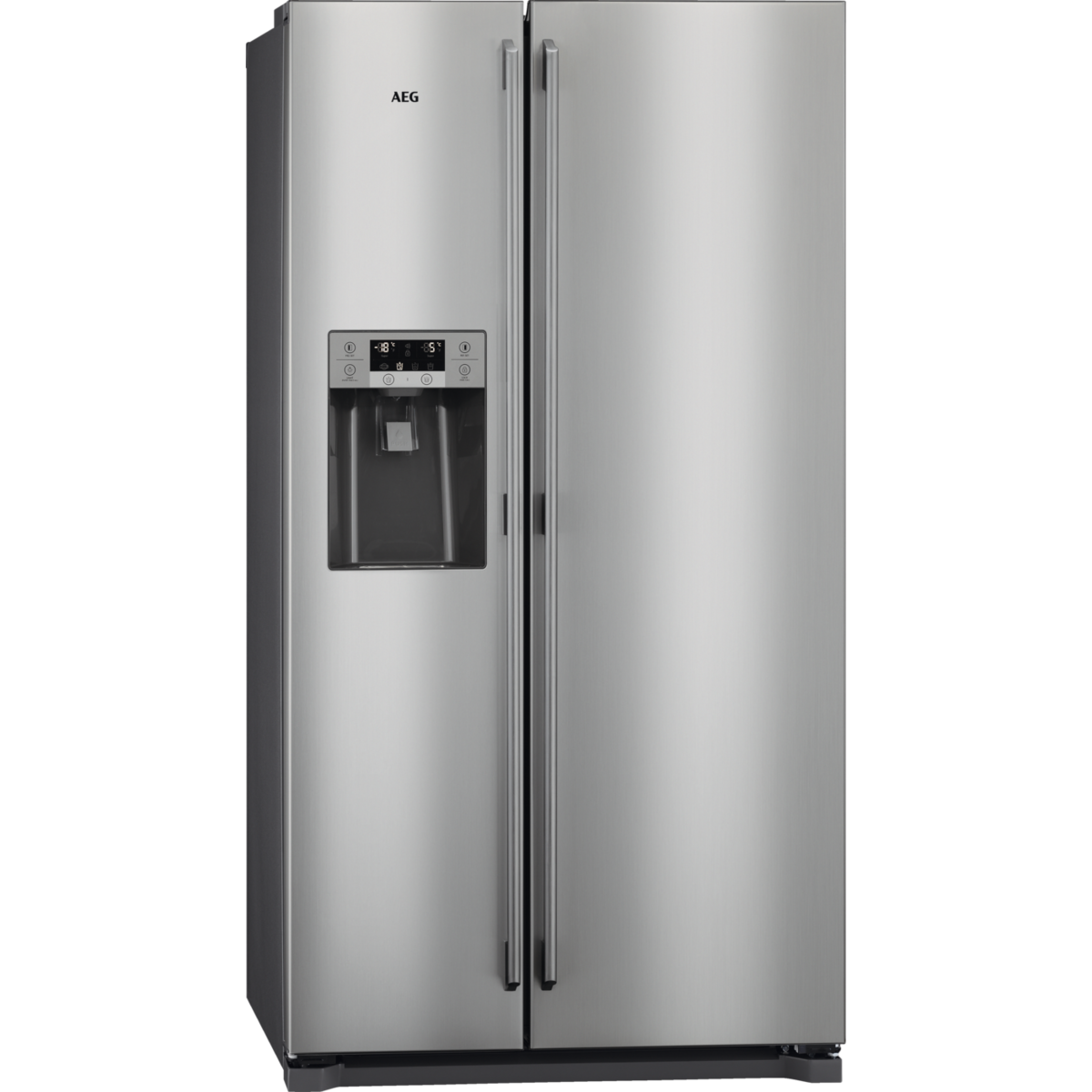 Un refrigerador AEG plateado de doble puerta con dispensador de agua.