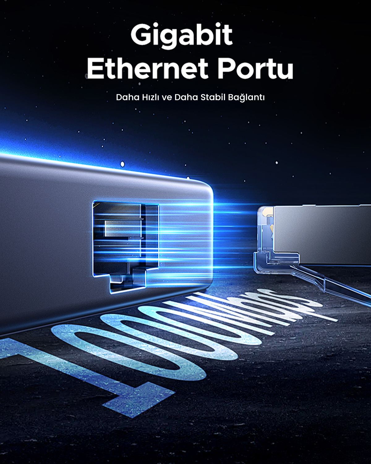 Ethernet portunun mavi ışık huzmeleri ve yerdeki 1000 sayısı ile yakın çekimi.