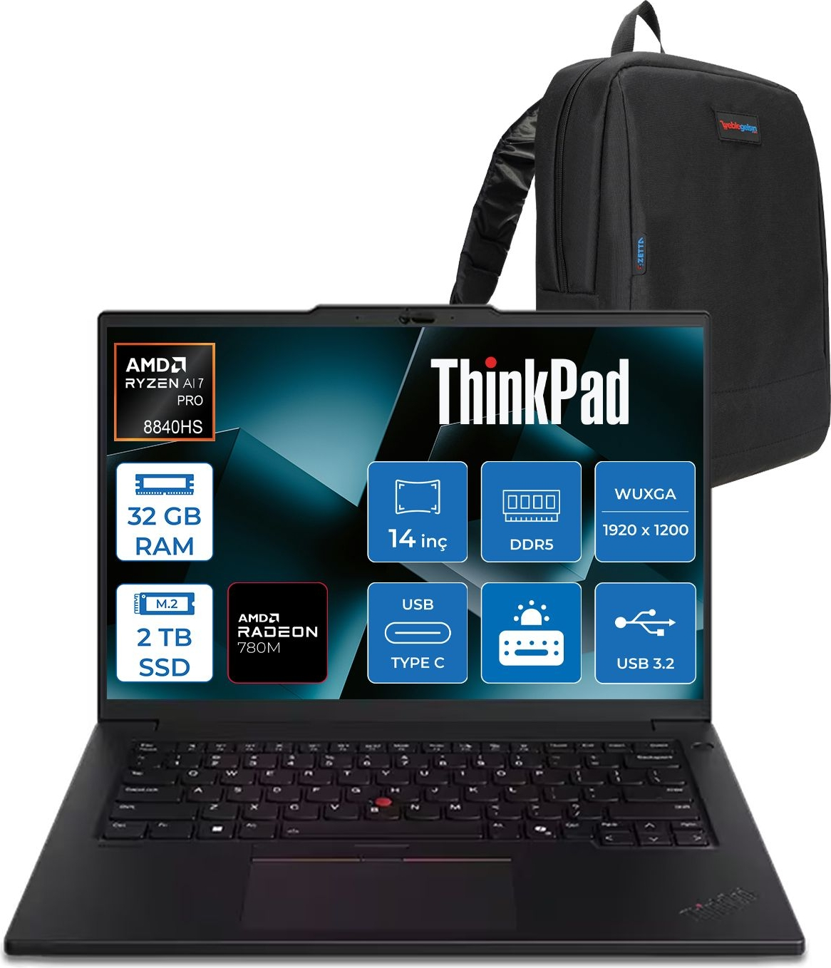 LENOVO ThinkPad P14S G5 DDR5 WUXGA IPS 21MFS2MQ00F11 AMD Ryzen 7 Pro 8845HS 32 GB RAM 2 TB SSD 14 inç FreeDOS Laptop+Çanta Siyah
