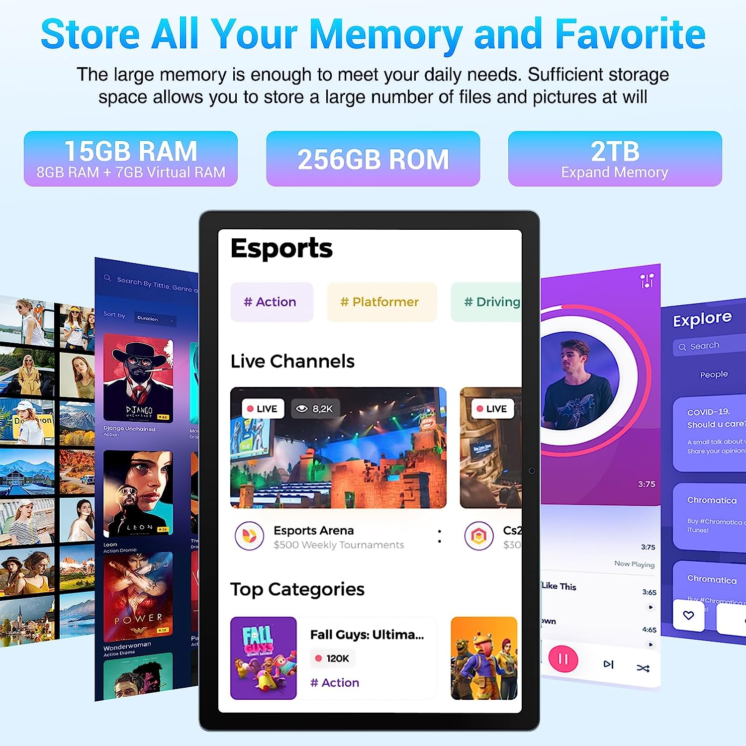 Tablet mostra opzioni di memoria e app di eSport con canali live.