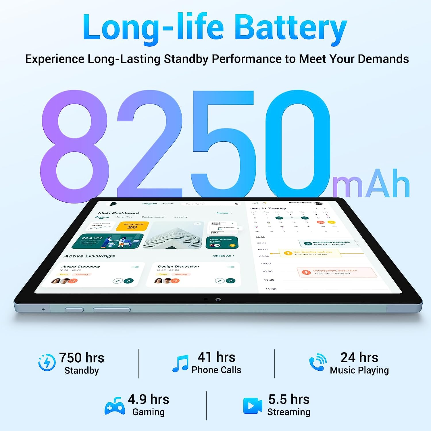 Un tablet mostra un'interfaccia utente con capacità della batteria di 8250mAh e tempi di utilizzo.