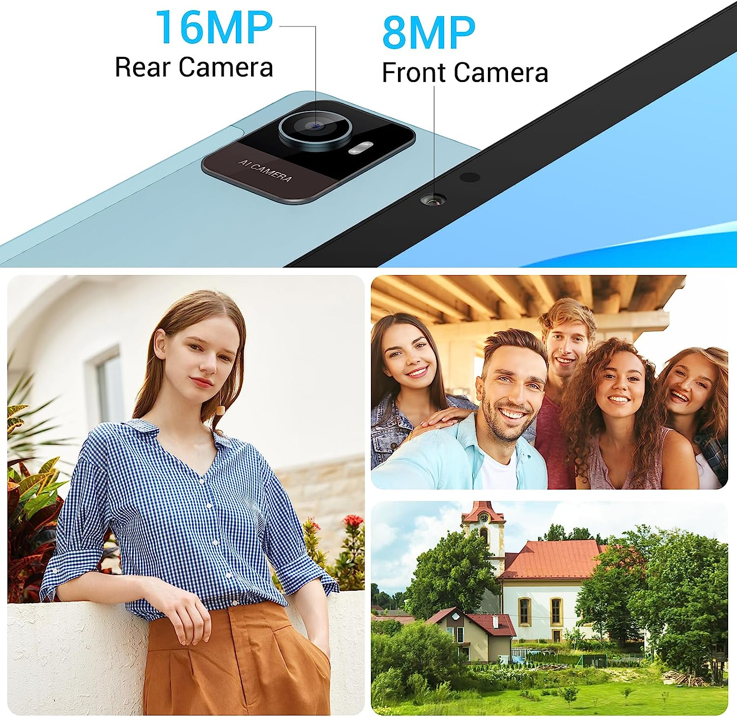 Collage: Fotocamere del telefono, giovani sorridenti e una chiesa in paesaggio verde.