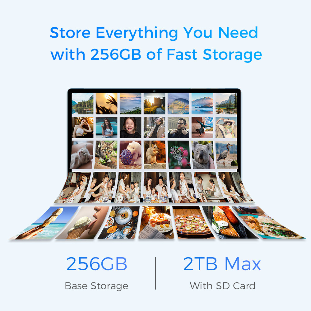 Molte foto e testo su 256 GB di spazio su tablet.