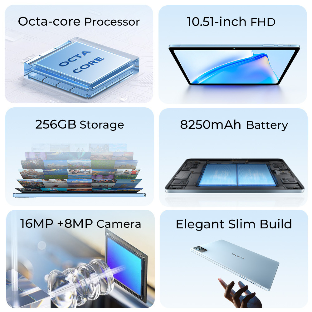 Imagen de una tablet con procesador octa-core, pantalla FHD de 10,51 pulgadas, 256 GB de almacenamiento, batería de 8250 mAh, cámara de 16MP+8MP y diseño delgado.