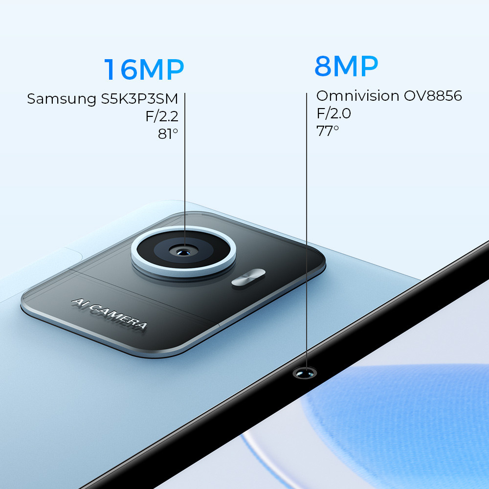 Un smartphone con cámara principal de 16MP y frontal de 8MP.