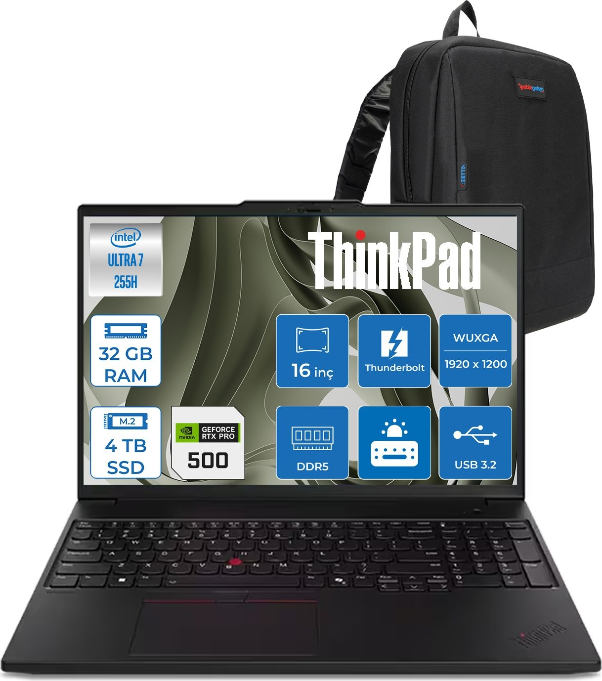 LENOVO ThinkPad P16S G4 6GB/RTXPRO500 IPS 21QV000YTXF12 Intel Core Ultra 7 255H 32 GB RAM 4 TB SSD 16 inç FreeDOS Laptop+Çanta Siyah