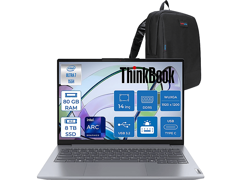 LENOVO ThinkBook 14 G7 DDR5 WUXGA IPS 21MR0050TR8TBF35 Intel Core Ultra 7 155H 80 GB RAM 8 TB SSD 14 inç FreeDOS Laptop+Çanta Gri