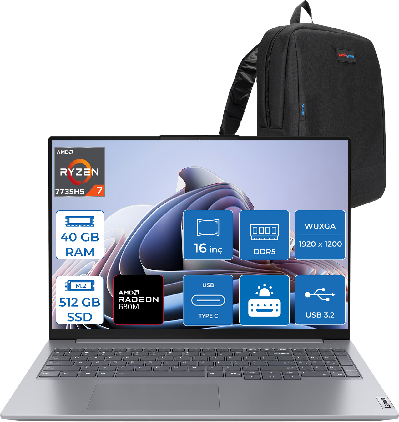 LENOVO ThinkBook 16 G7 ARP WUXGA 300NITS IPS 21MW002CTRF17 AMD Ryzen 5 7735HS 40 GB RAM 512 GB SSD 16 inç FreeDOS Laptop Gri