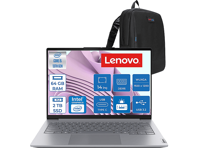 LENOVO ThinkBook 14 Gen 8 DDR5 WUXGA IPS 21SG00L8TXF39 Intel Core i5-13420H 64 GB RAM 2 TB SSD 14 inç FreeDOS Laptop+Çanta Gri
