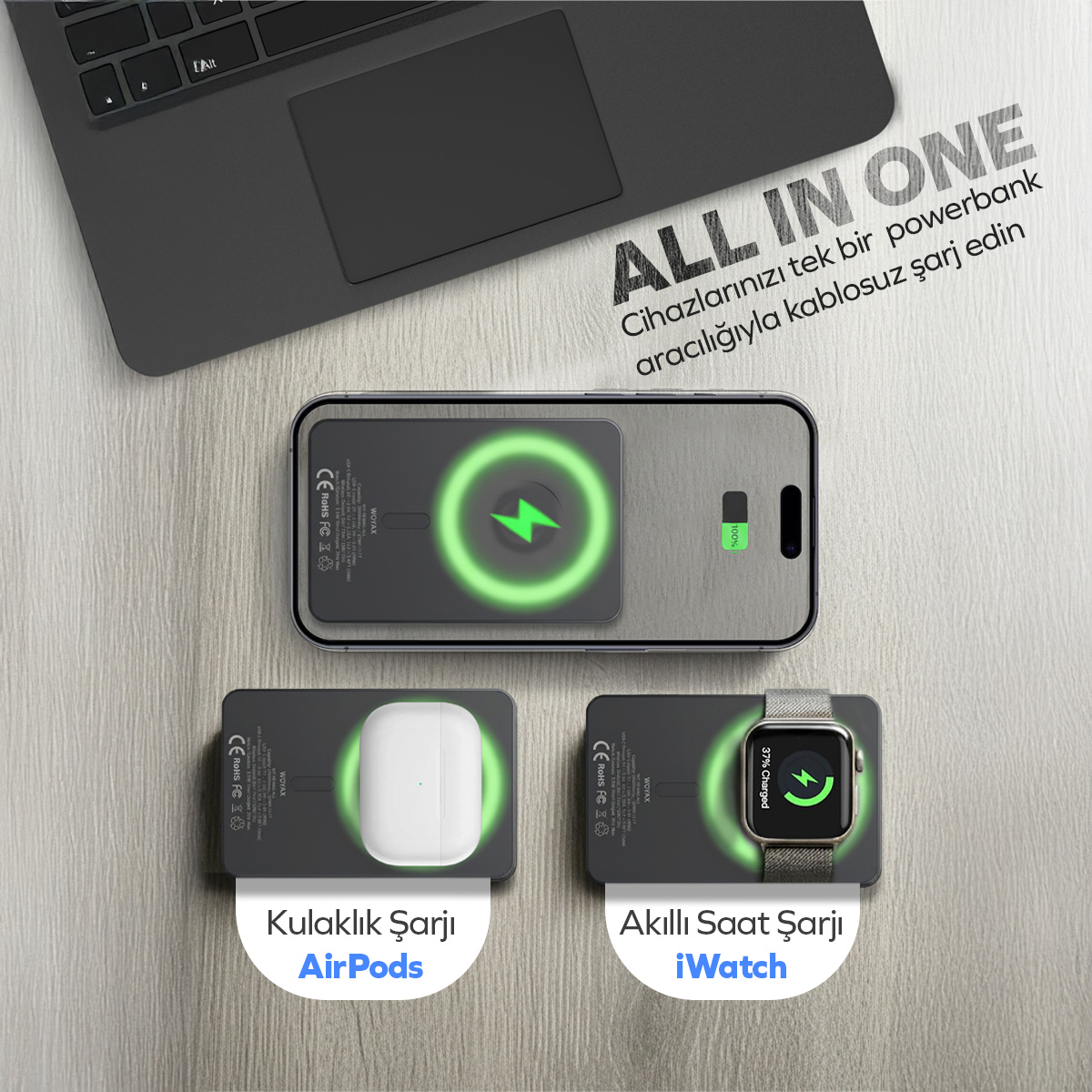 Dizüstü bilgisayar, telefon, AirPods ve saat kablosuz olarak şarj oluyor.