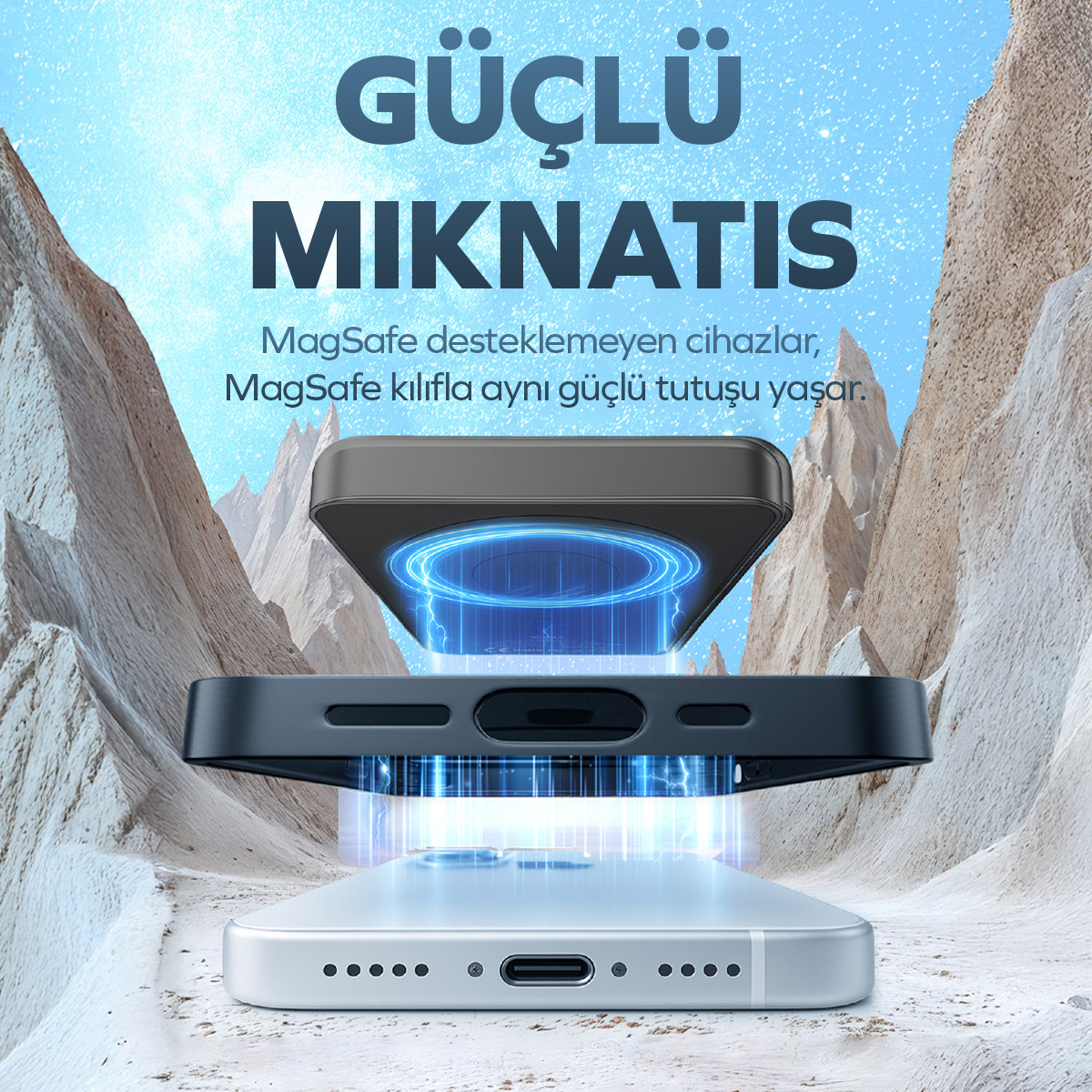 Manyetik olarak bağlanan MagSafe şarj cihazlı bir akıllı telefon. Dağ manzarası.
