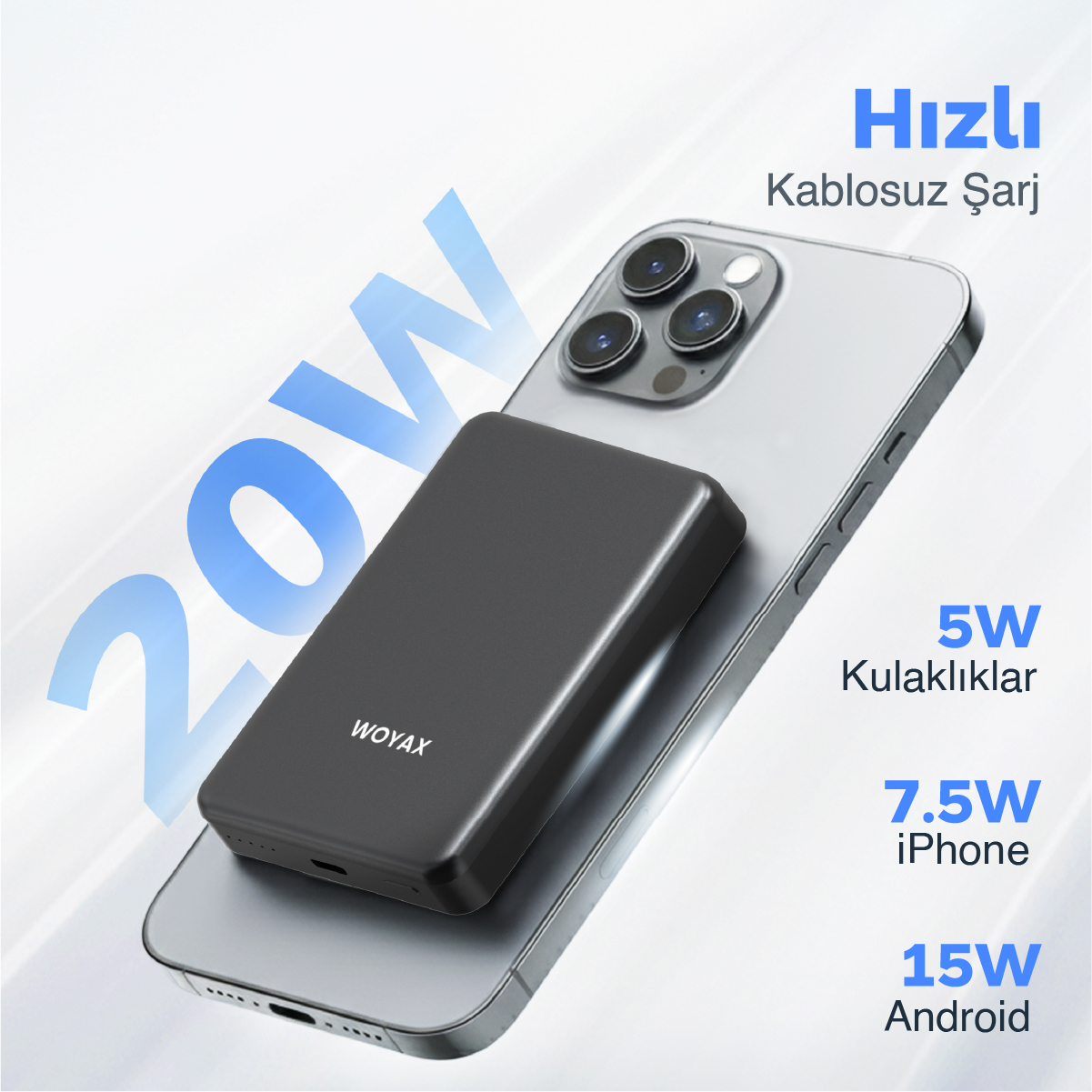 Gümüş bir akıllı telefonda 20W gösteren siyah kablosuz şarj cihazı.