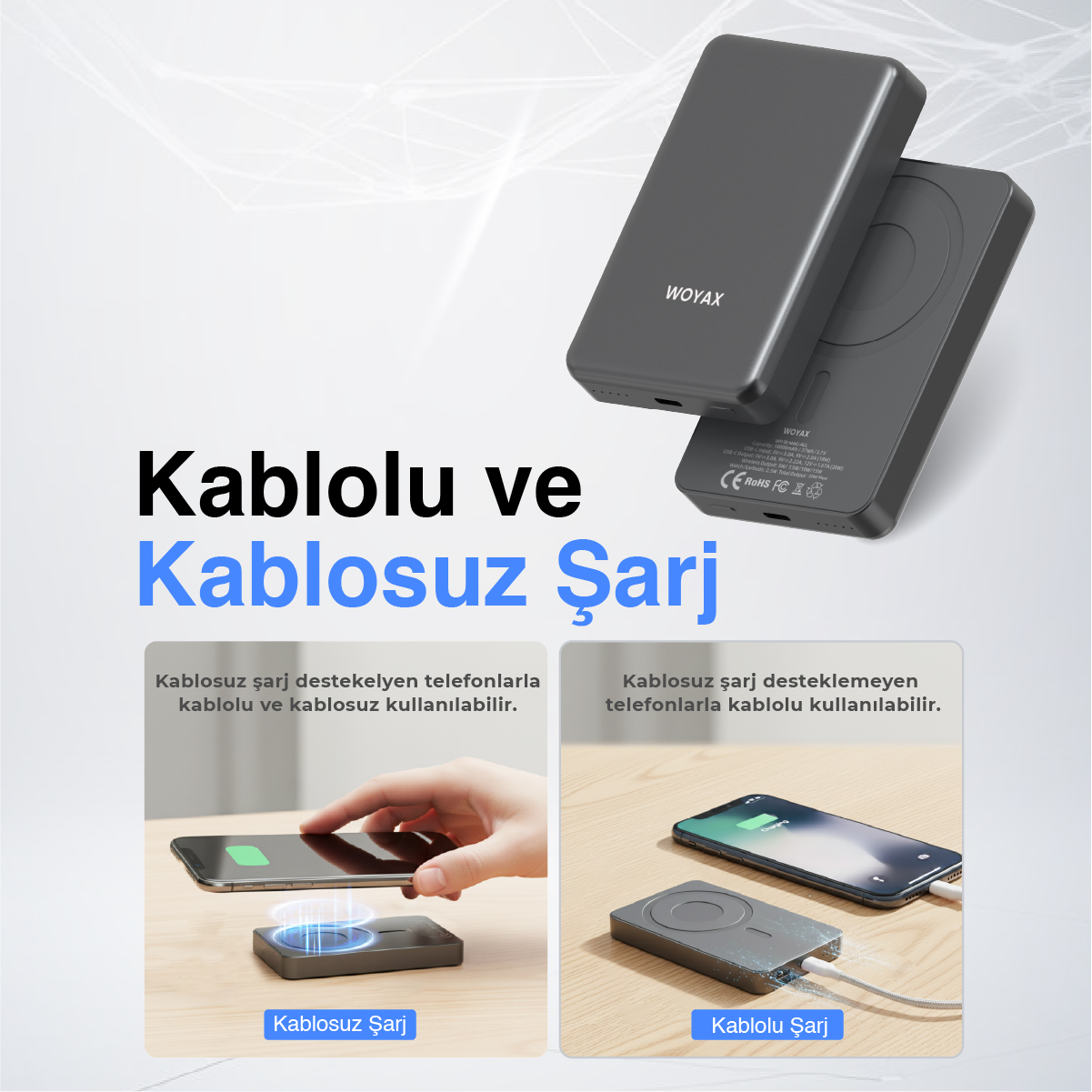 İki gri Woyax powerbank: biri telefonu kablosuz, diğeri kabloyla şarj ediyor.