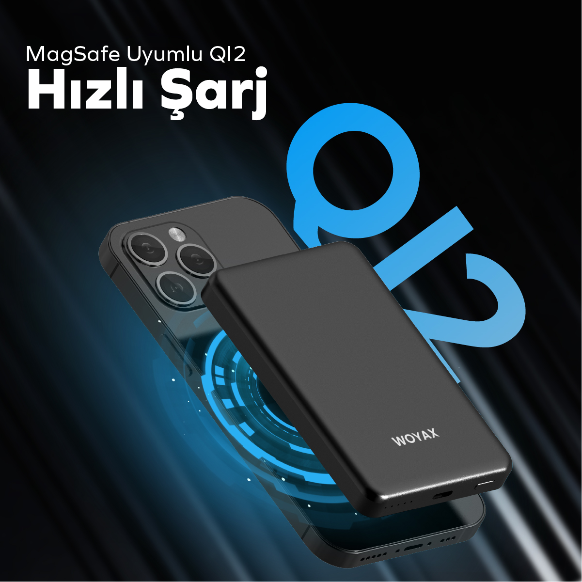 MagSafe şarj cihazlı siyah telefon, arkada Qi2 logosu.