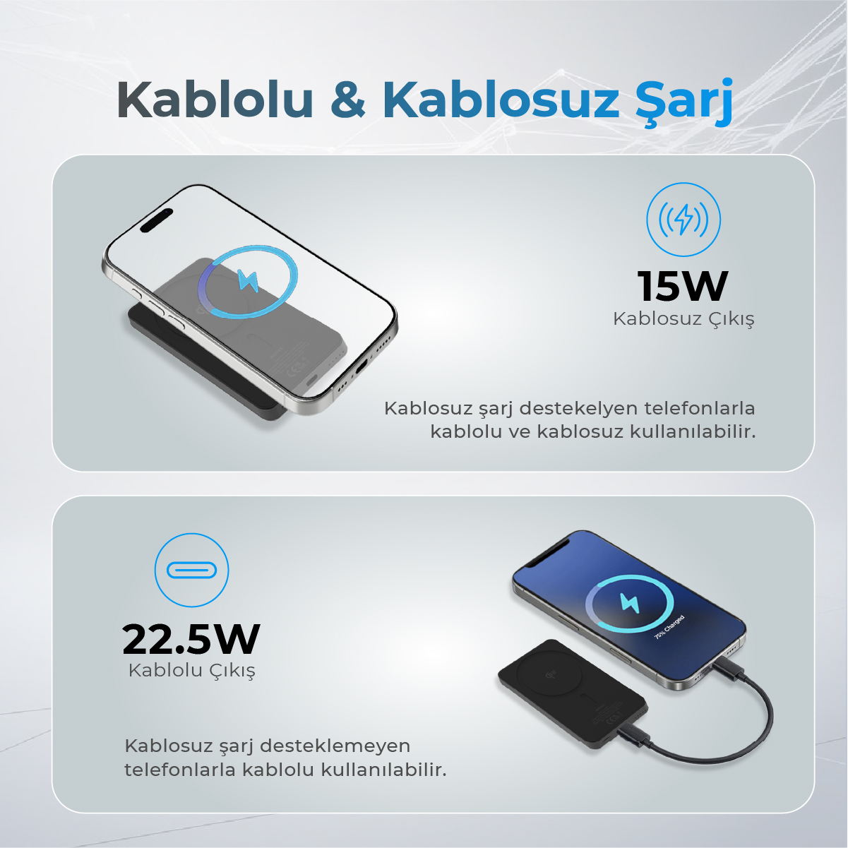 Bir akıllı telefon 15W kablosuz ve 22,5W kablolu şarj oluyor.