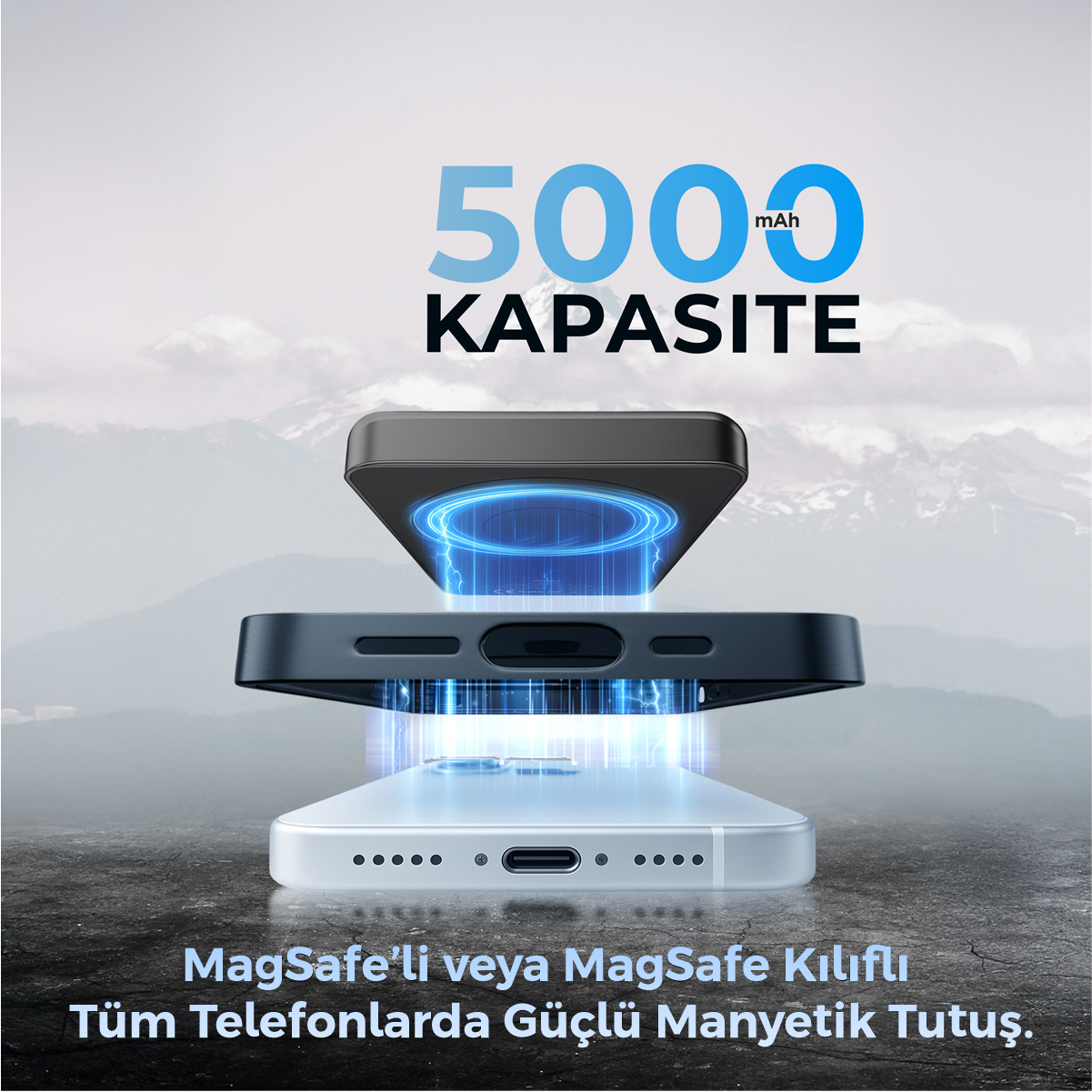 Tüm telefonlar için MagSafe özellikli 5000 mAh güçlü manyetik tutuş.