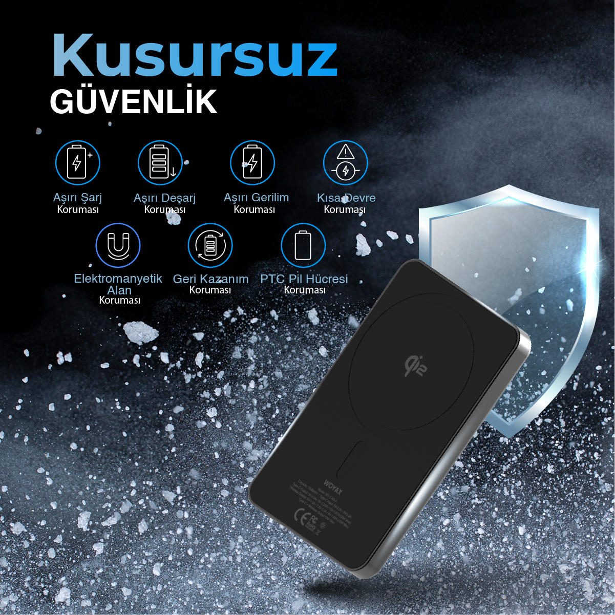 Aşırı şarj, EMC koruması vb. ikonlu siyah powerbank, koyu arka plan üzerinde.