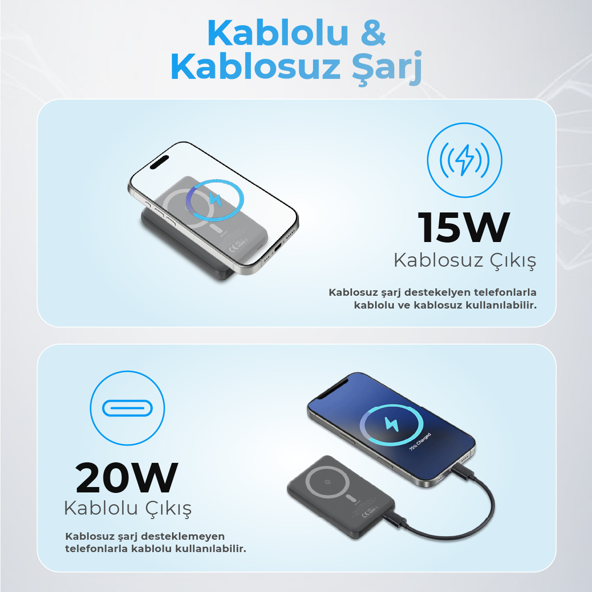 Bir telefon 15W kablosuz, diğeri 20W kablolu şarj oluyor.