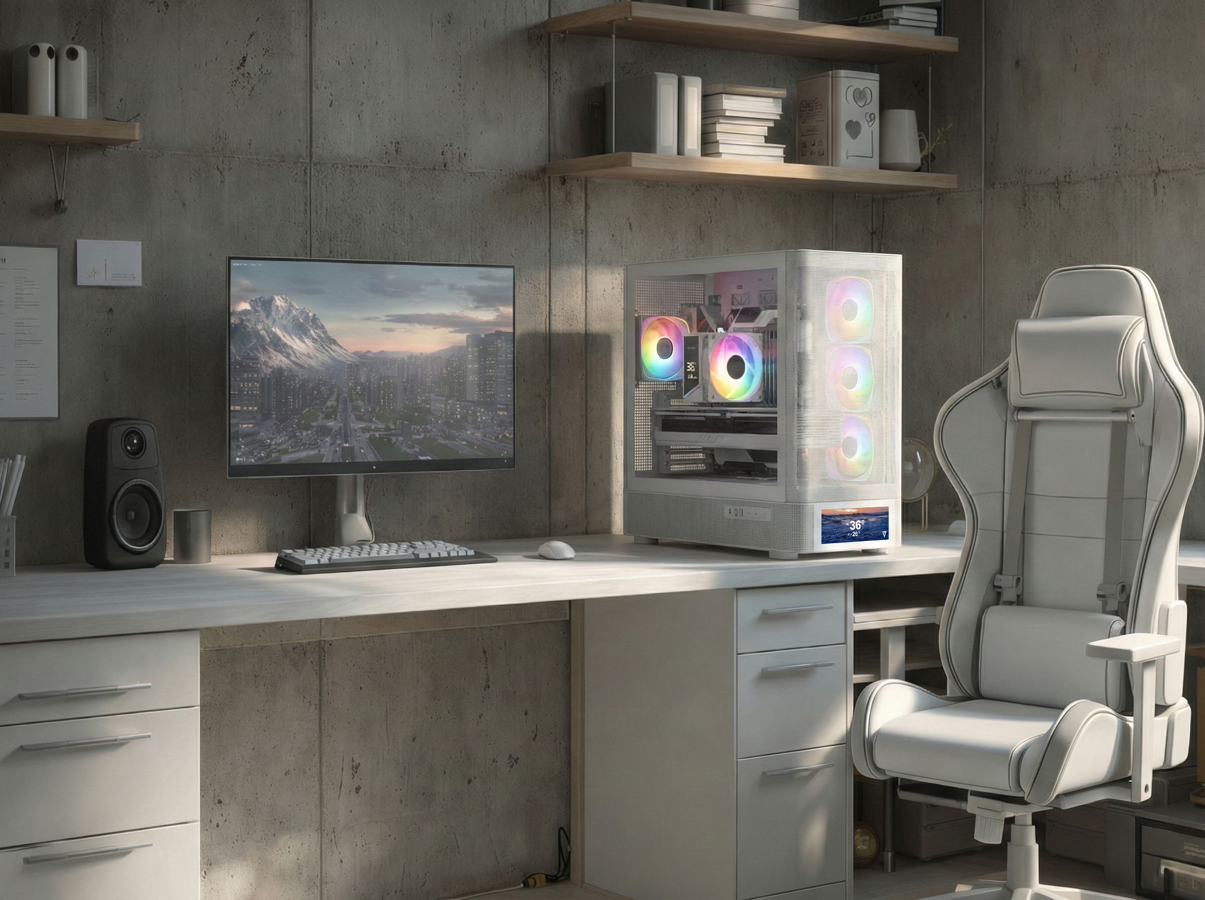 Biurko z komputerem, monitorem, klawiaturą, myszką i białym krzesłem.