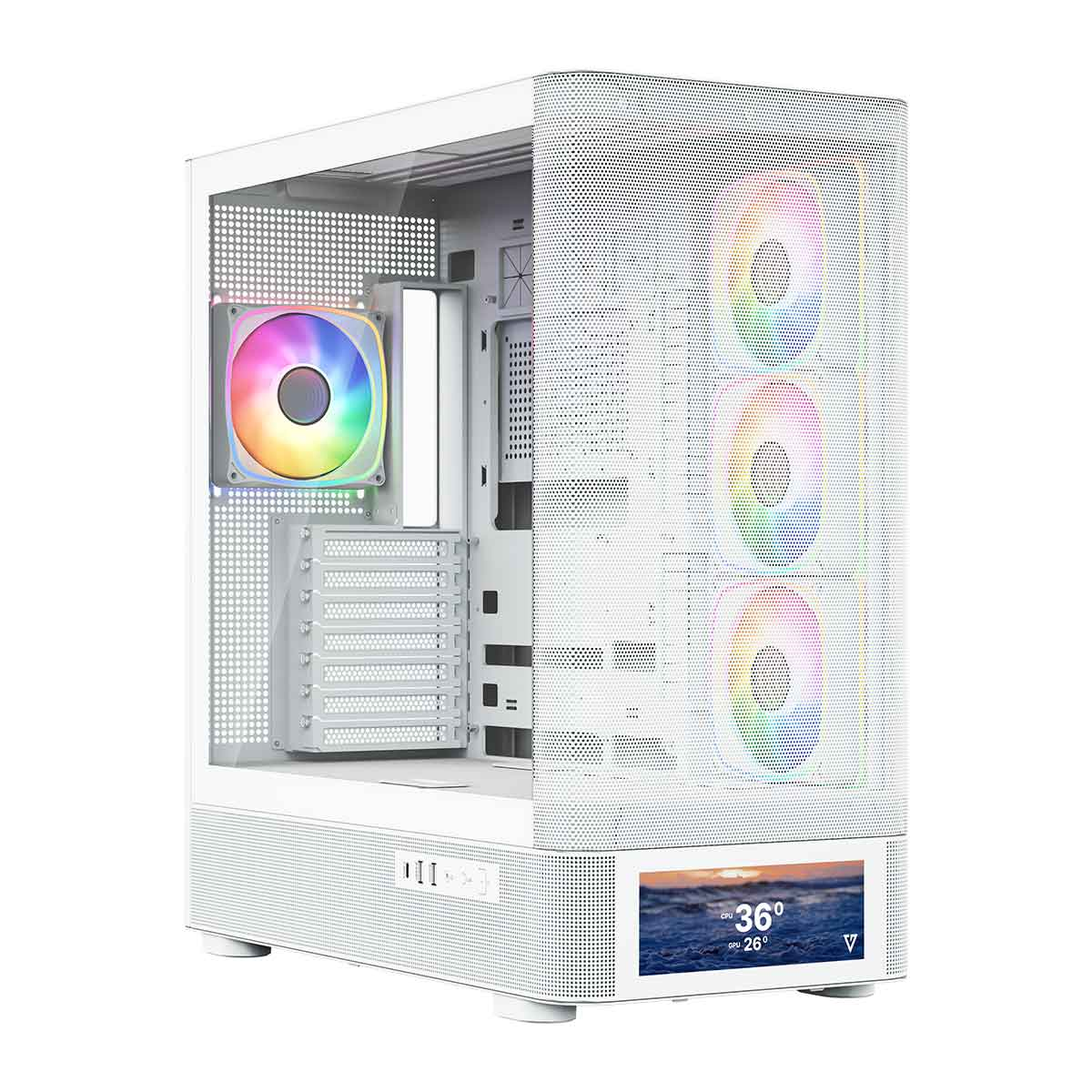 Biała obudowa komputera z wentylatorami RGB i małym ekranem na dole.