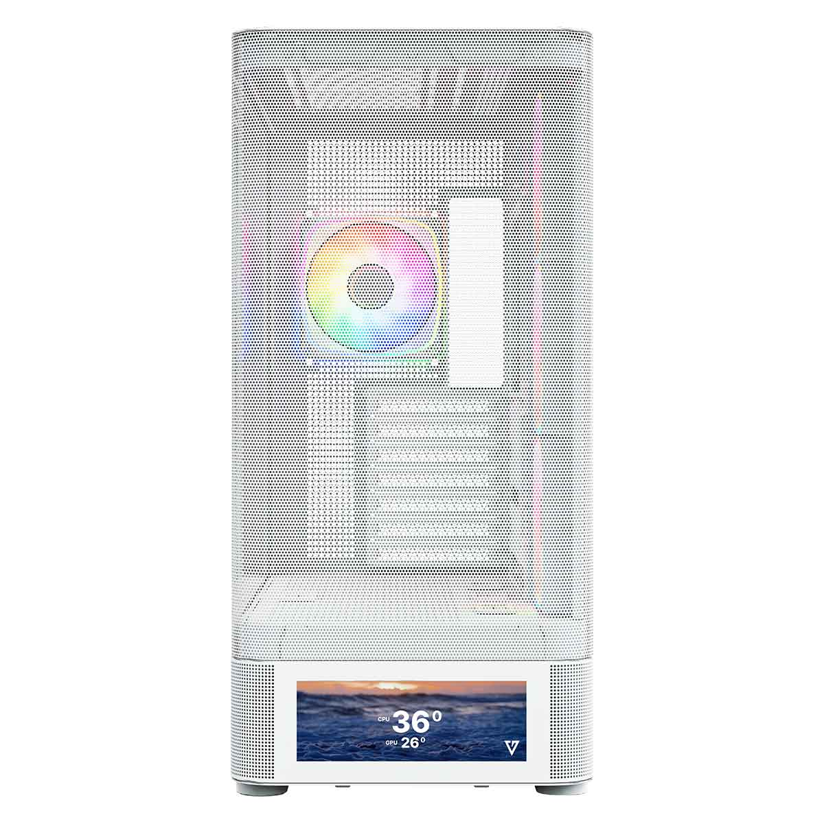 Biała obudowa komputera z wentylatorem RGB i małym wyświetlaczem na dole.