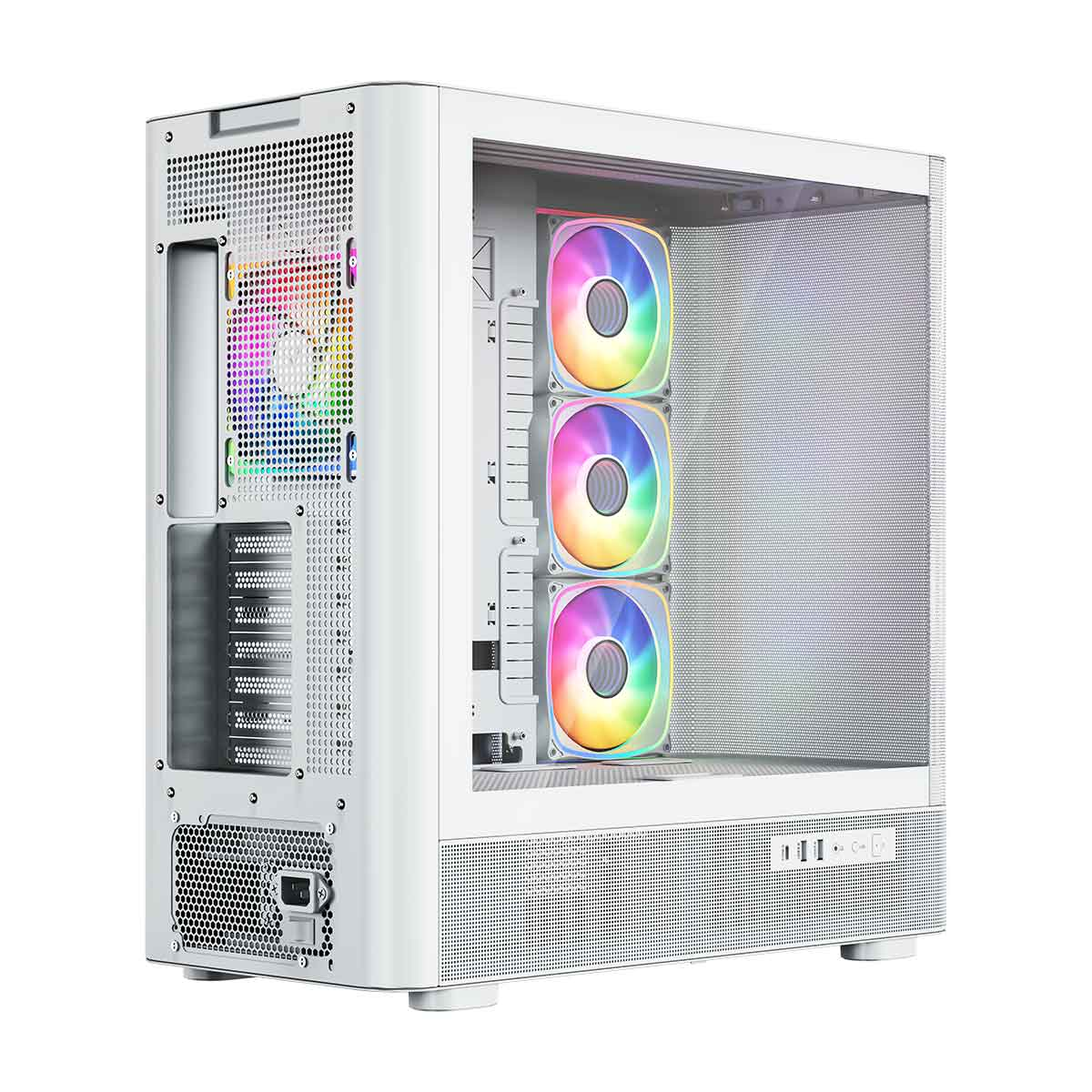 Biała obudowa komputera z wentylatorami RGB i szklanym oknem.