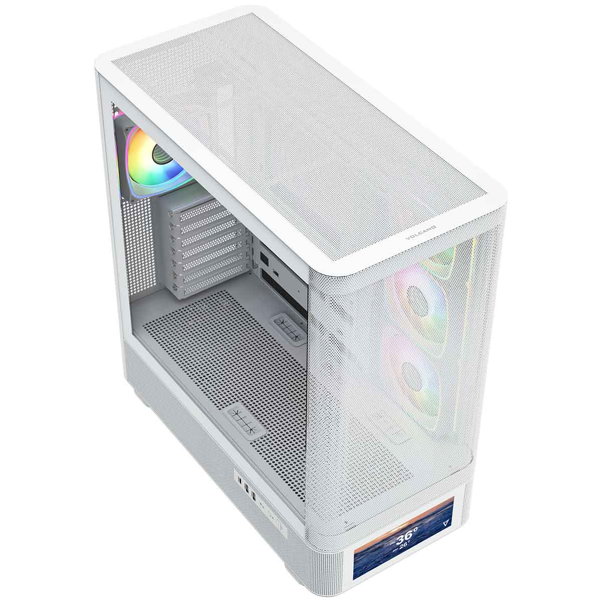 Biała obudowa komputera z wentylatorami RGB i małym przednim wyświetlaczem.