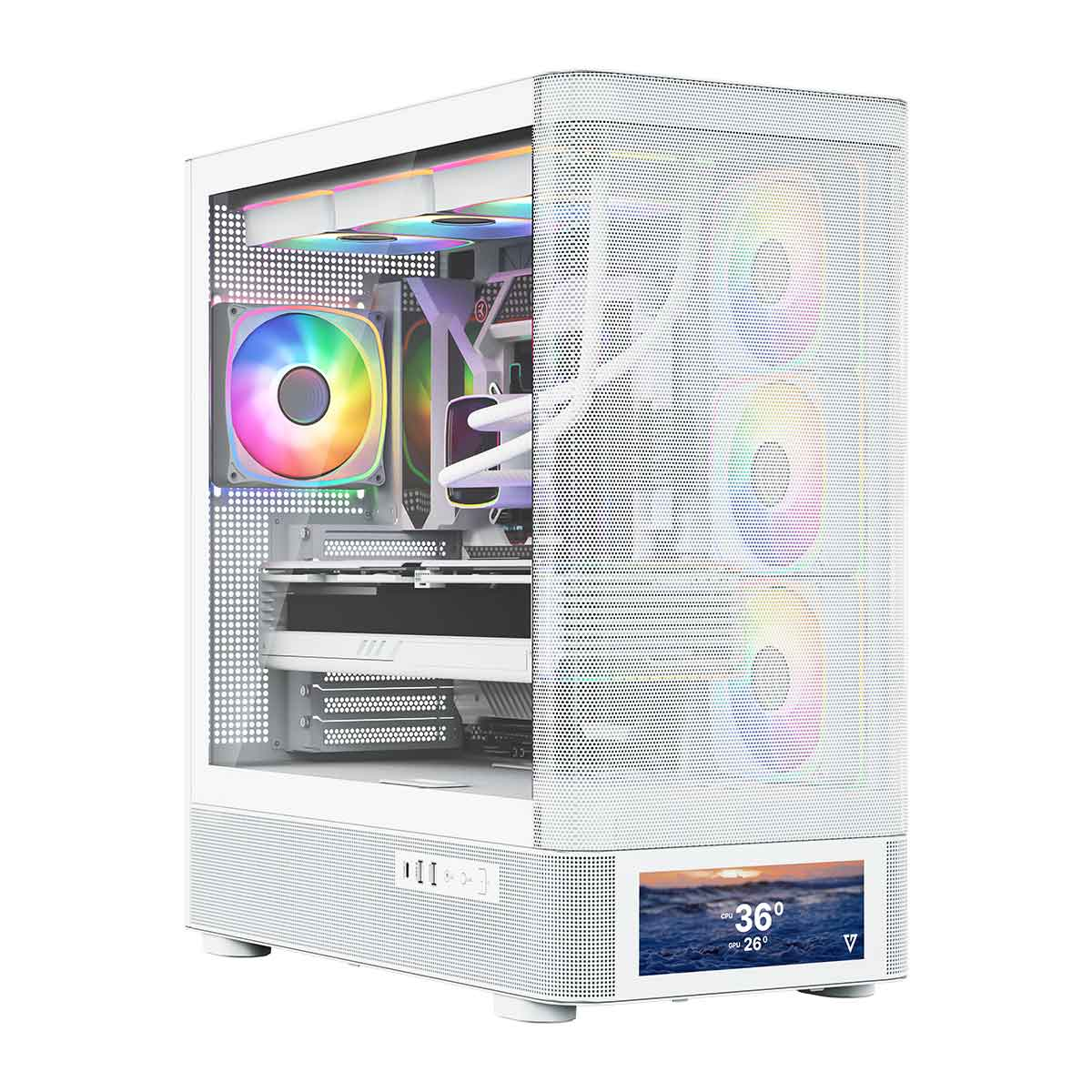 Biała obudowa komputera z wentylatorami RGB i małym ekranem.