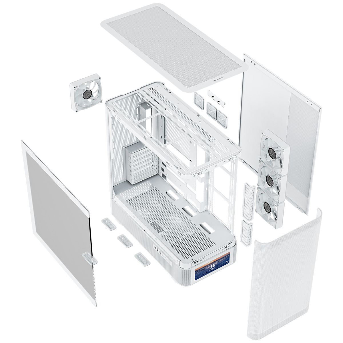 Widok rozstrzelony białej obudowy komputera z wentylatorami i elementami.