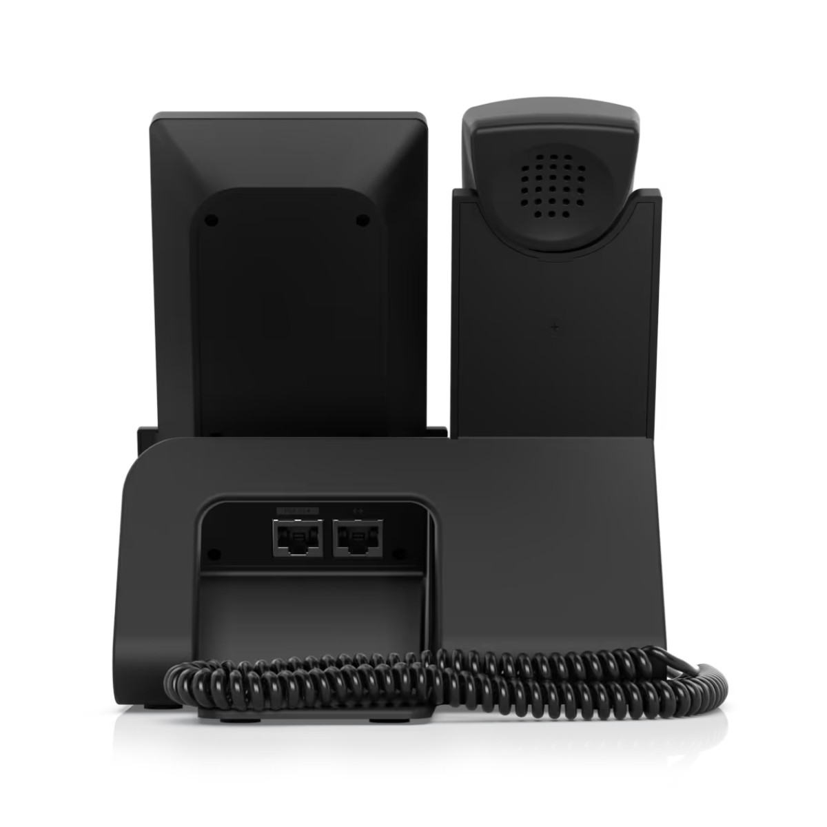 Czarny telefon bezprzewodowy ze stacją ładującą i dwoma portami Ethernet.