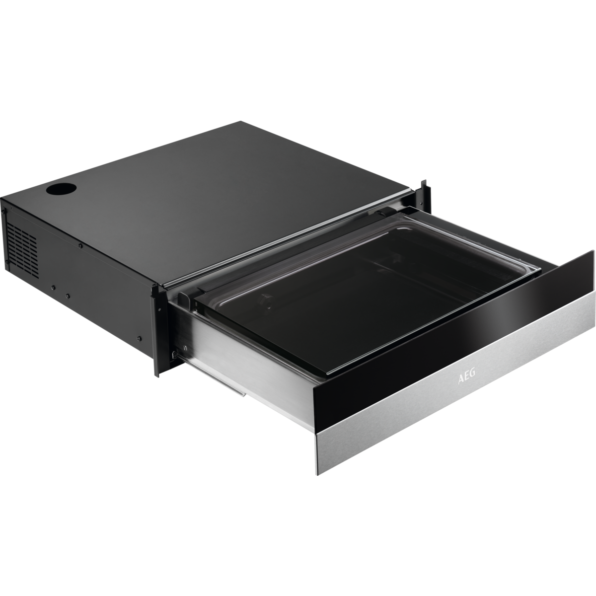 Un cajón calefactor AEG extraíble con carcasa negra y detalles de acero inoxidable.