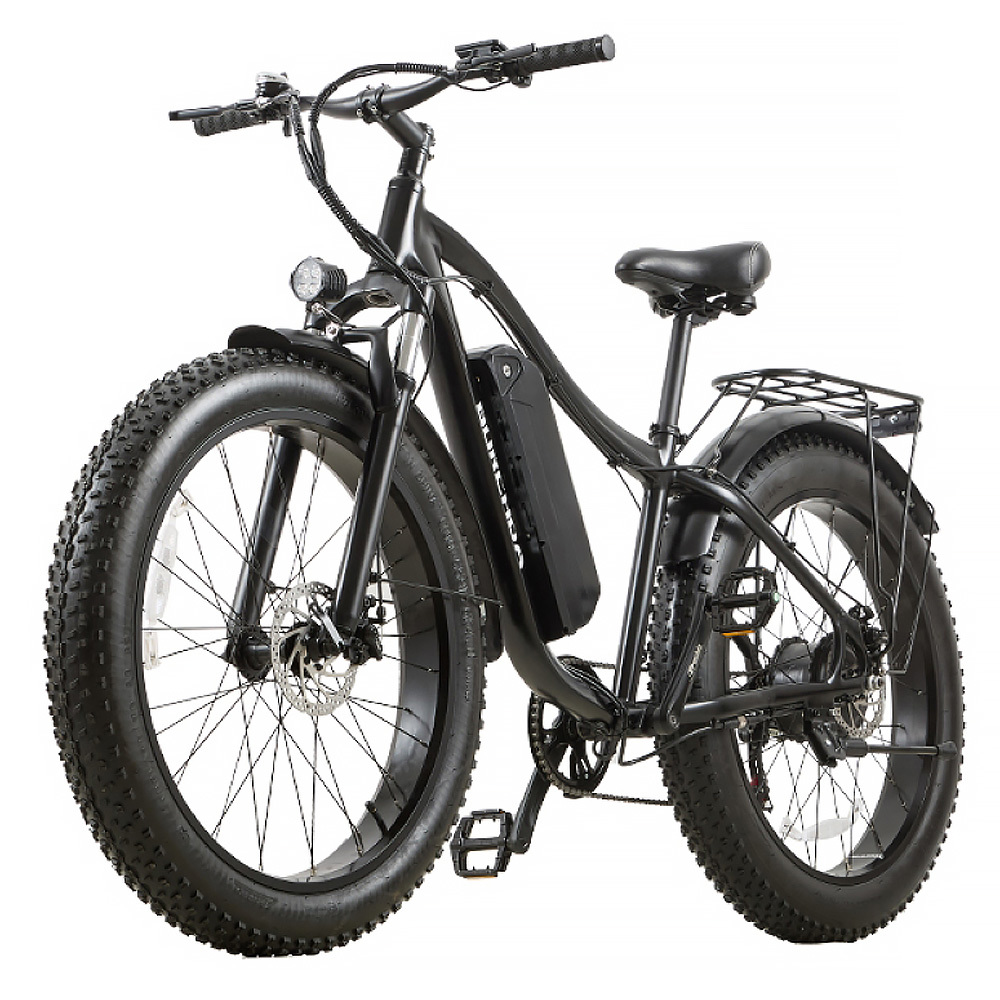 Bicicletta elettrica fat nera con portapacchi e faro anteriore.
