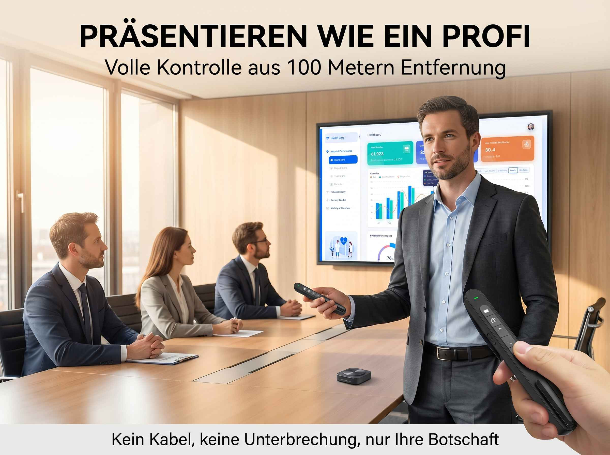Männer in einem Konferenzraum präsentieren mit einem Klicker auf einen Bildschirm.