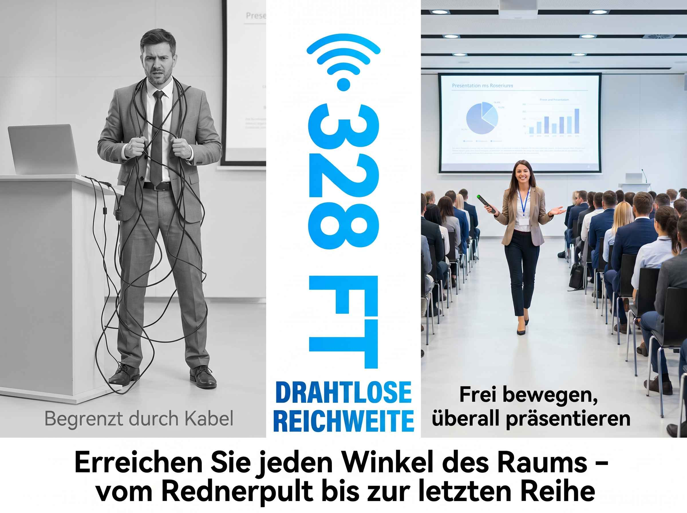 Mann mit Kabeln und Frau mit Präsentation, 328 FT Reichweite.
