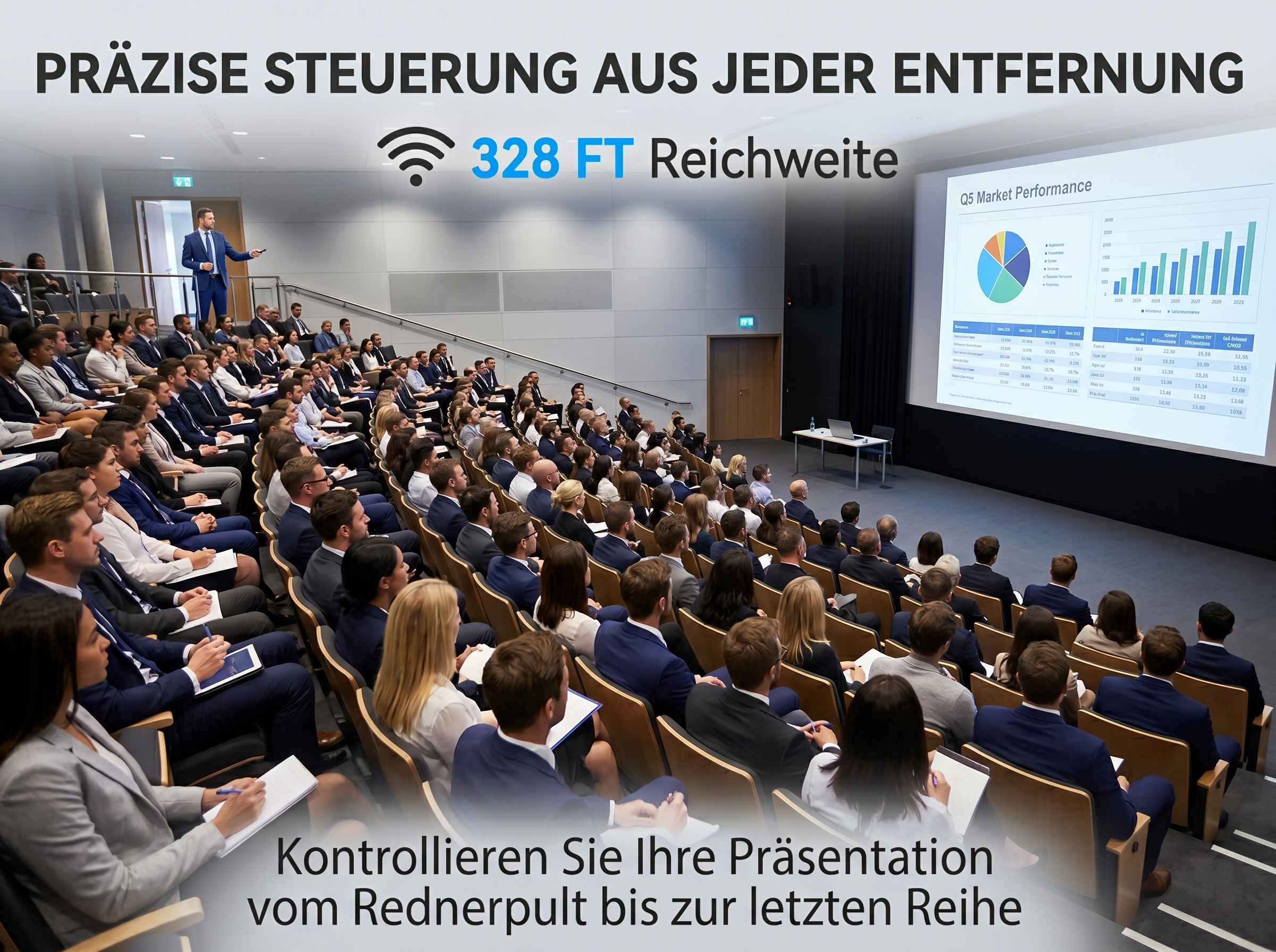 Ein Mann im Anzug hält eine Präsentation vor einem Publikum in einem Auditorium.