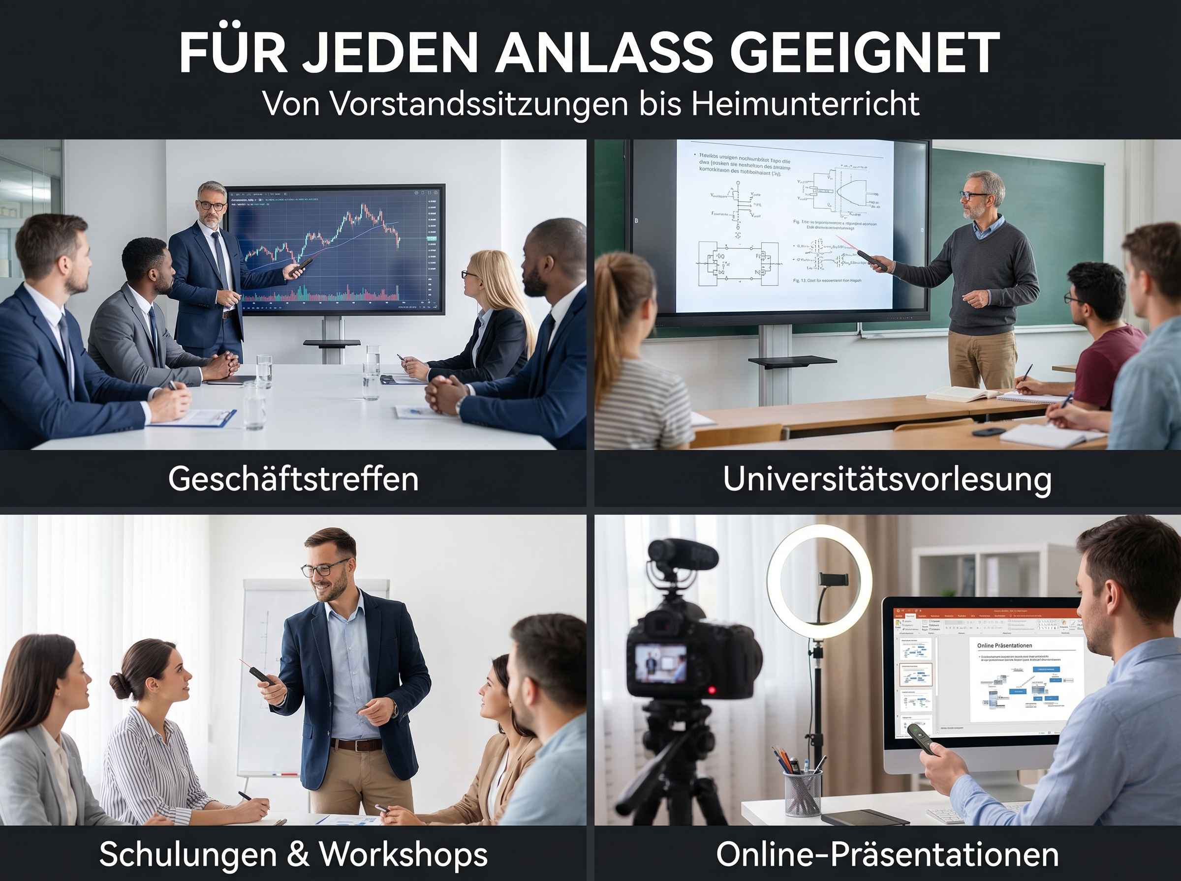 Vier Szenen: Geschäftstreffen, Universitätsvorlesung, Schulung, Online-Präsentation.