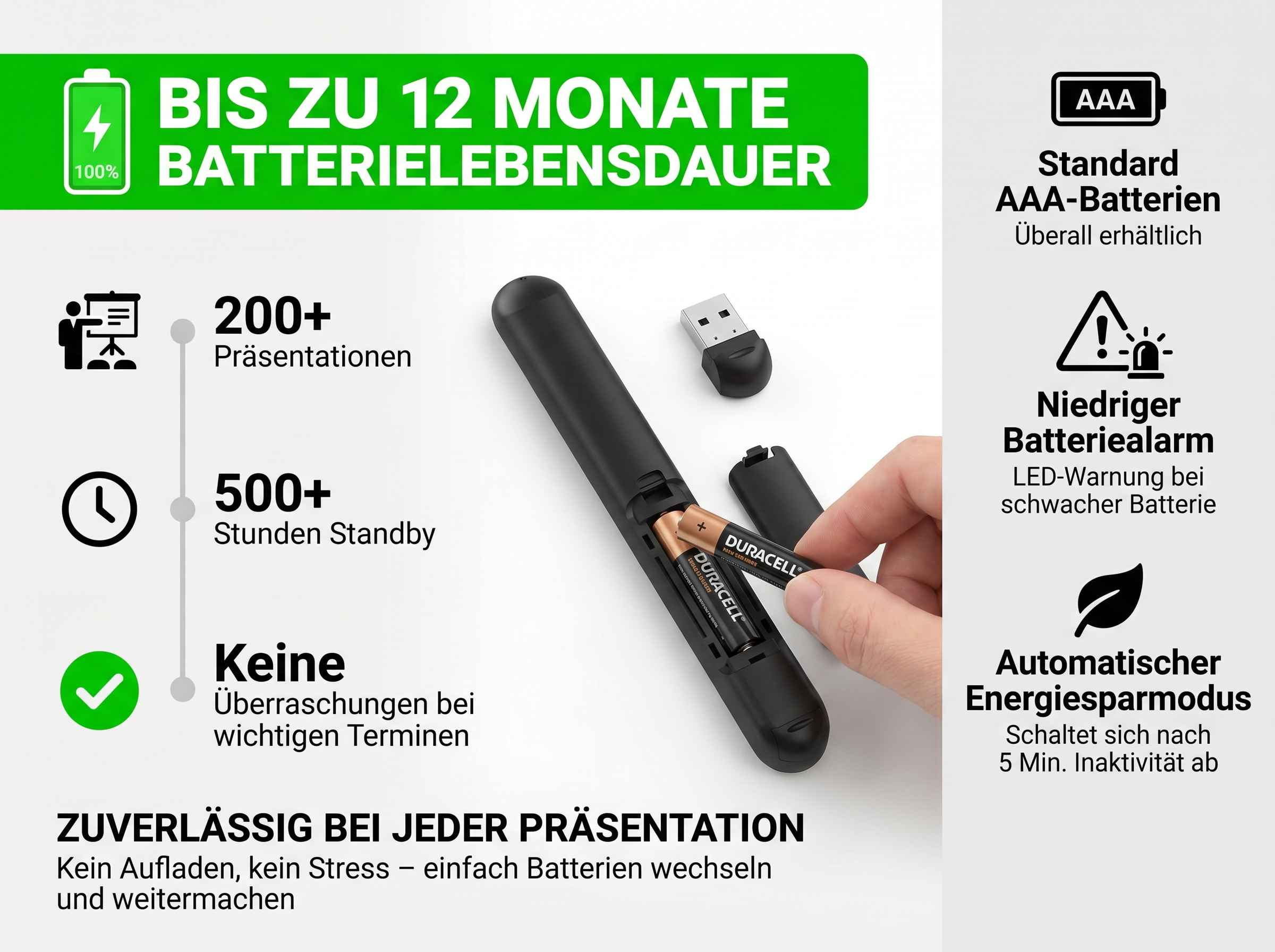 Ein schwarzer Presenter mit AAA-Batterien und USB-Dongle. Text über Batterielebensdauer.