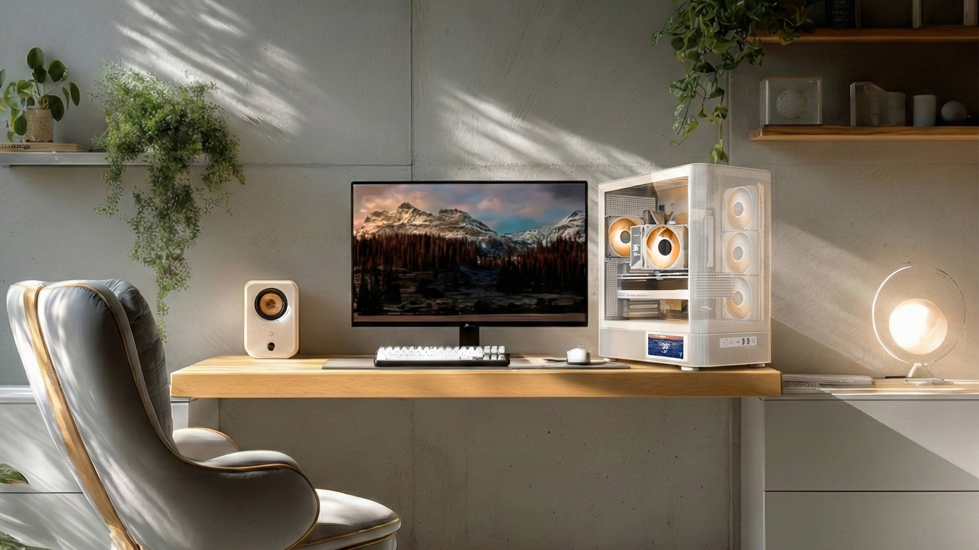 Biurko z komputerem, monitorem, klawiaturą, głośnikiem i roślinami, w świetle.