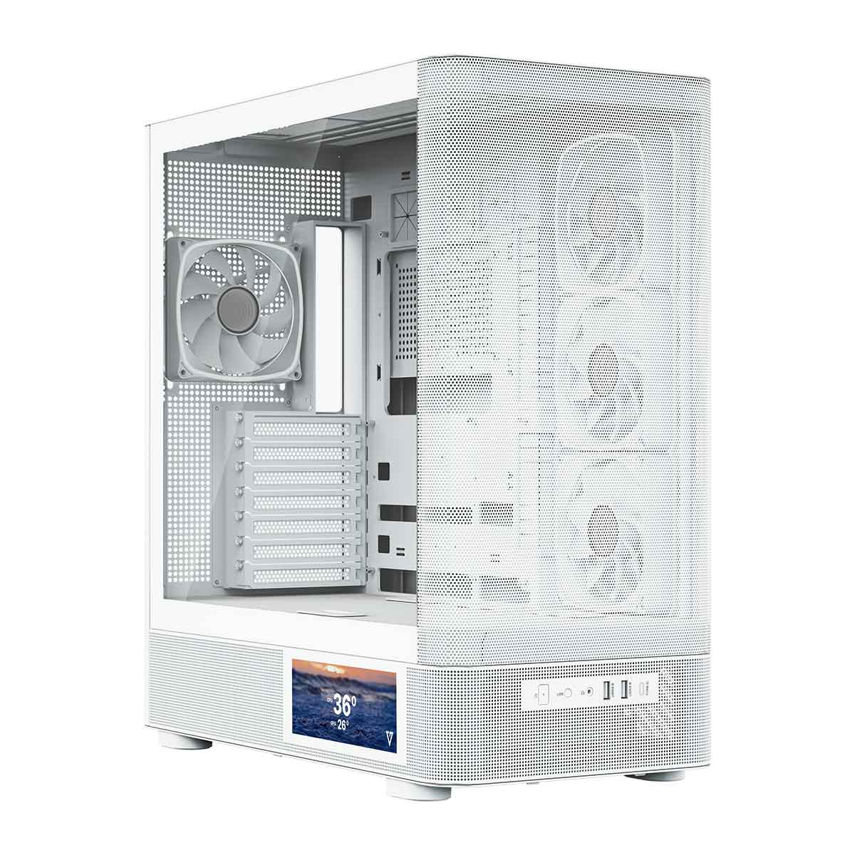 Otwarta biała obudowa komputera z wentylatorami i małym ekranem na dole.