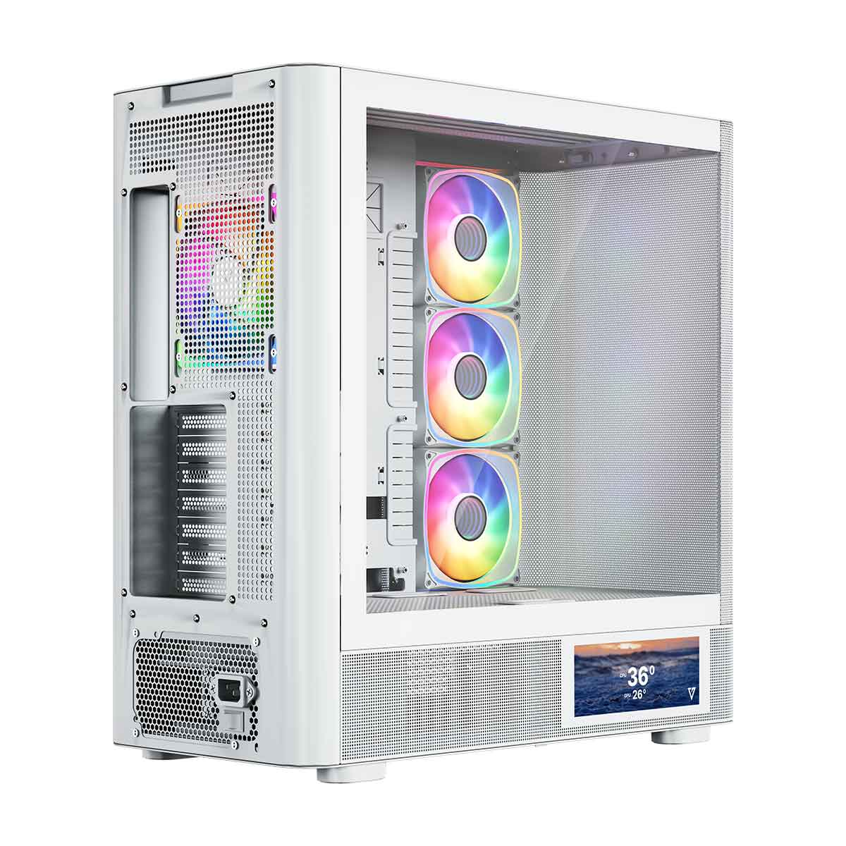Biała obudowa komputera z wentylatorami RGB i małym wyświetlaczem.
