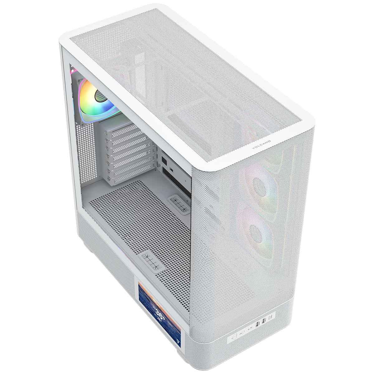 Biała obudowa komputera z siatkowym wykończeniem i wentylatorami RGB.