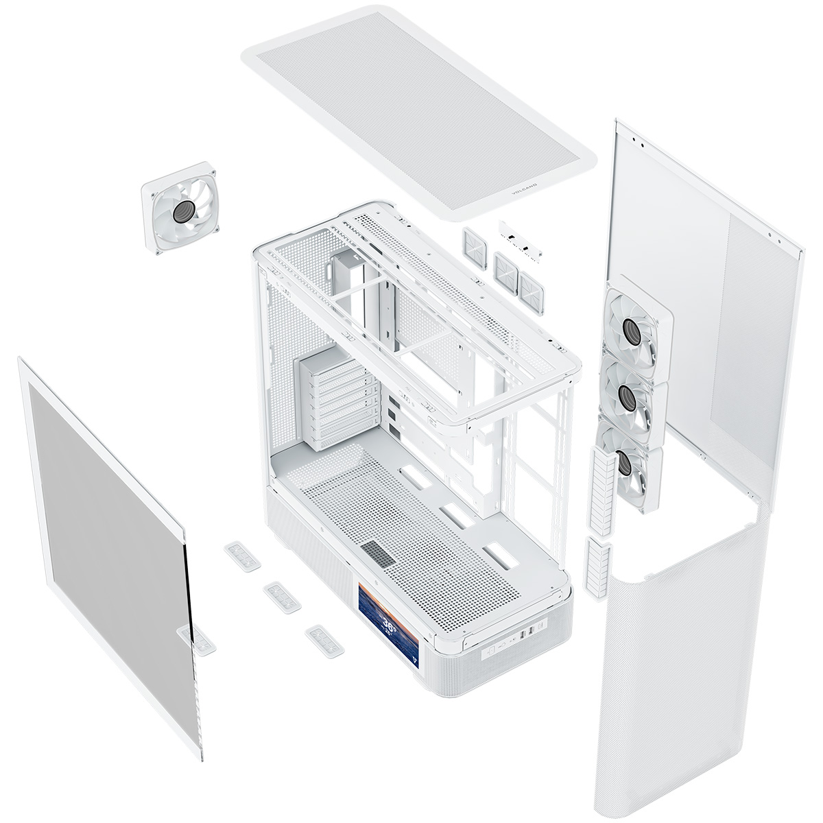 Widok rozstrzelony białej obudowy komputera z odłączonymi wentylatorami i panelami.