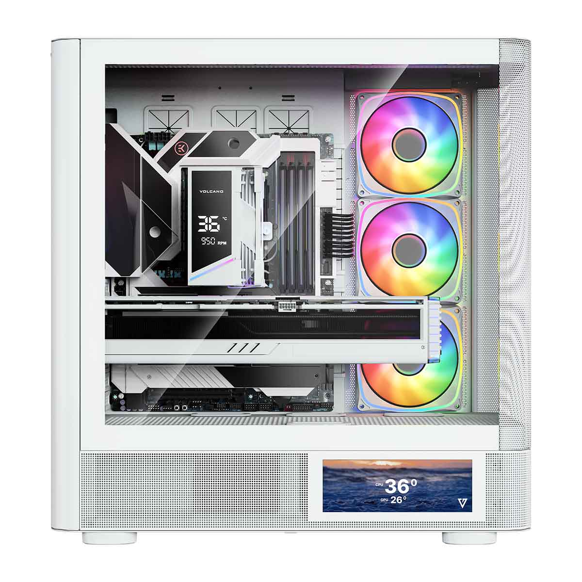 Biała obudowa komputera z wentylatorami RGB, chłodzeniem CPU i małym ekranem.