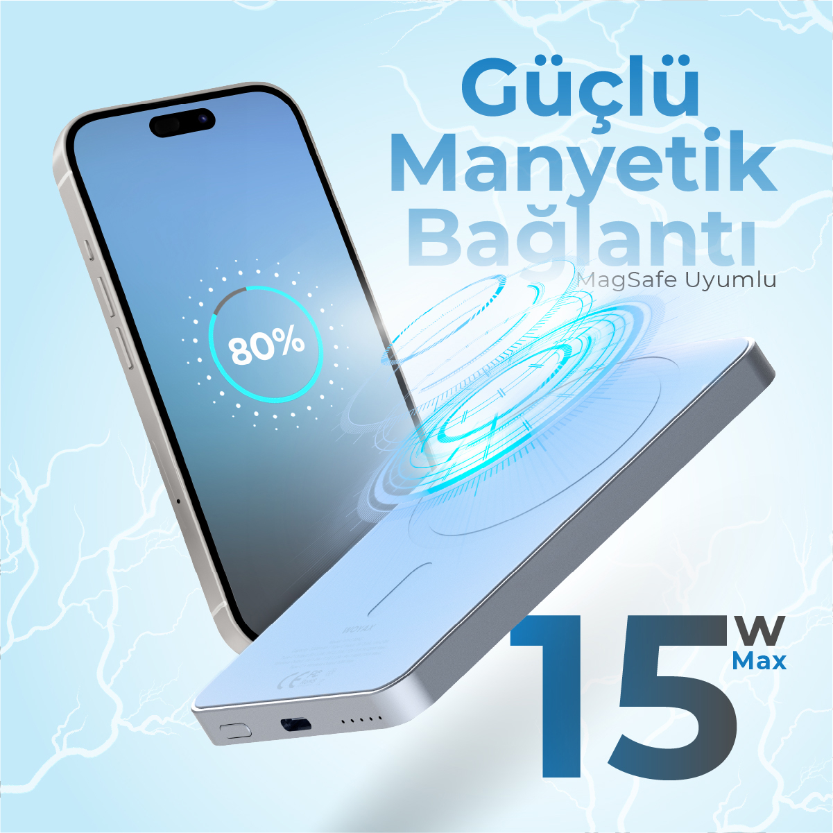 Bir akıllı telefon 15W Max ile kablosuz şarj oluyor. %80 şarj gösteriliyor.