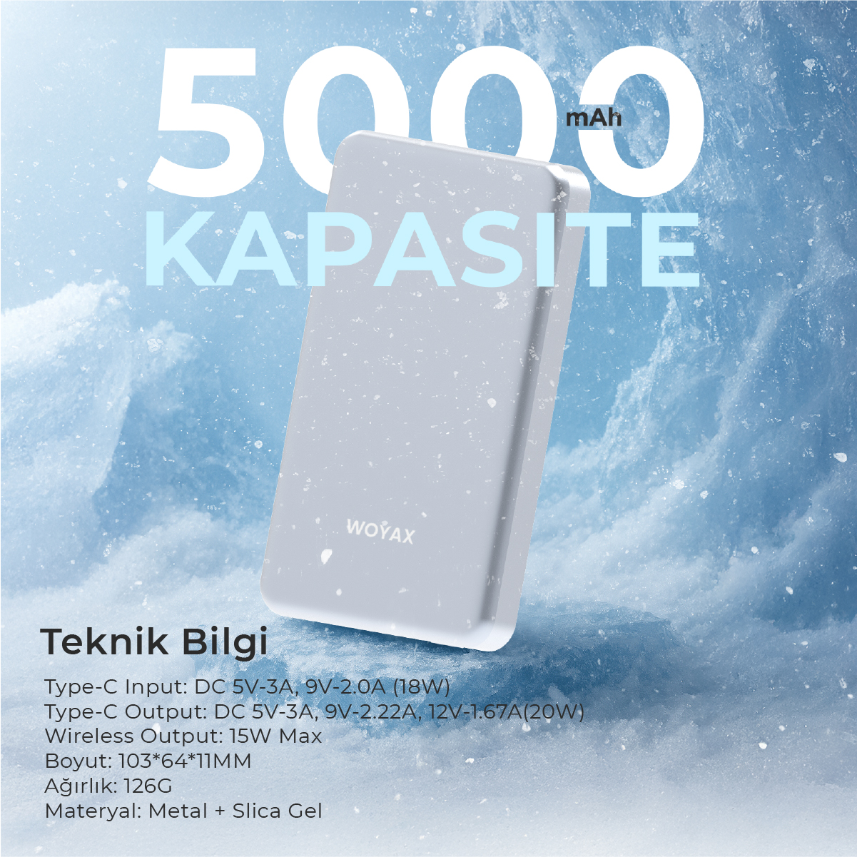 Teknik özelliklere sahip gri WOYAX powerbank, 5000mAh kapasiteli.