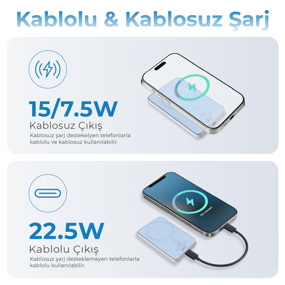 Üst: Telefon kablosuz 15/7,5W şarj. Alt: Telefon kablolu 22,5W şarj.